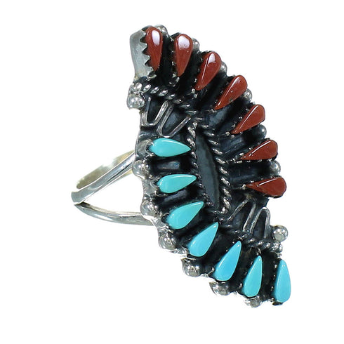 Turquoise And Coral Southwestern Silver Needlepoint Ring Size 6-3/4 AX81831